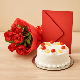 pineapple cake with red roses bouquet and a card
