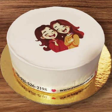laughing and hugging cake